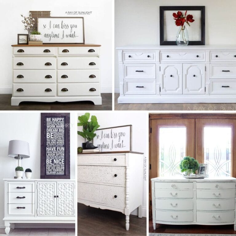 photo collage of white chalk painted dresser