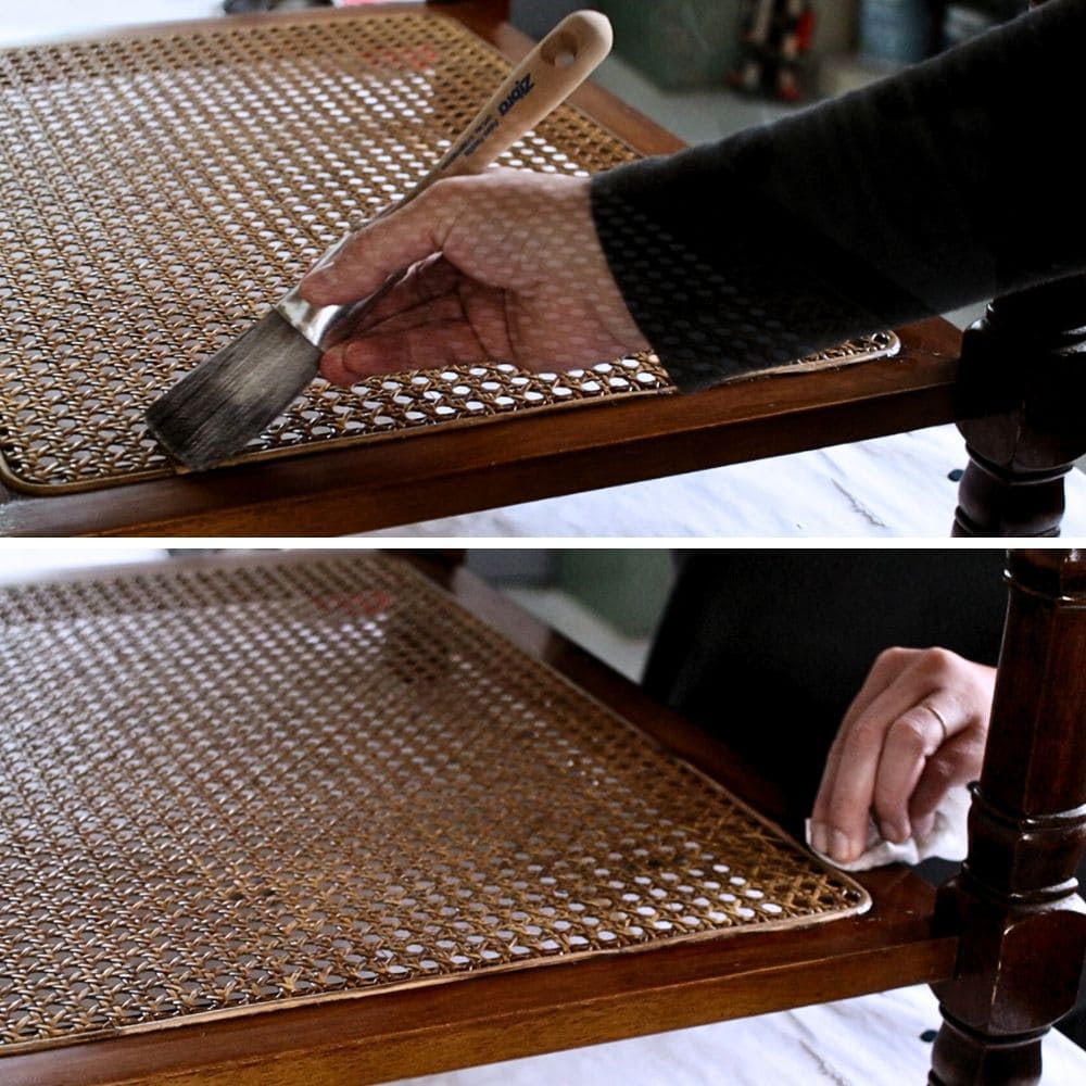 photo of applying stain onto cane 