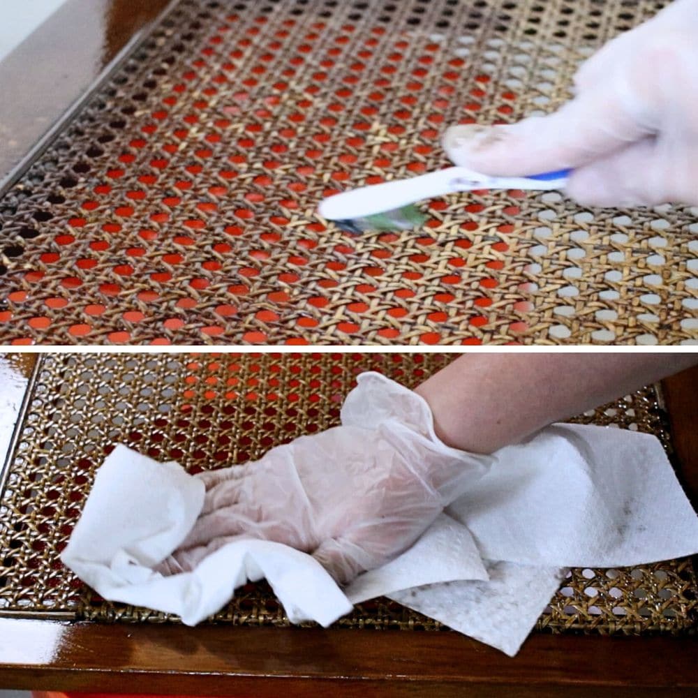 photo of removing old finish of cane using a toothbrush and  paper towels