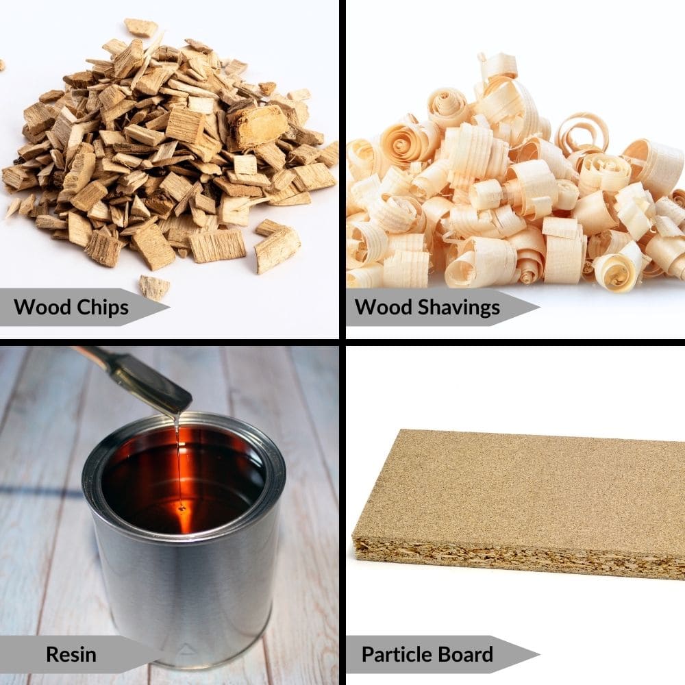 photo of wood chips and shavings, bind with resin to create particle board