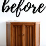 Before image with wooden cabinet and wall art reading "before" with shadows and minimal lighting.