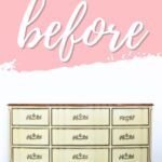 Cream-colored vintage dresser with ornate handles, labeled before on a pink and white background.