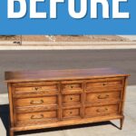 A wooden dresser with drawers sits outside on a driveway; large text above reads BEFORE.