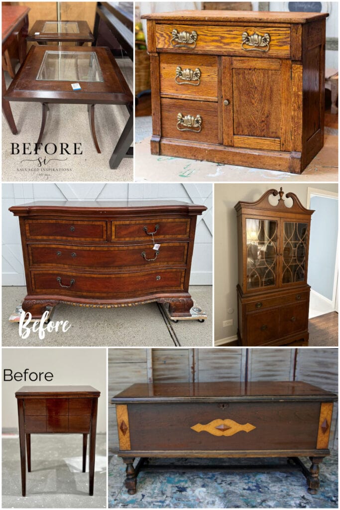 collage of furniture before painting with Dixie Belle Silk Paint