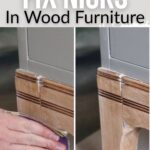 Two-panel image showing fixing nicks in wood furniture by sanding a damaged corner and smoothing it out.