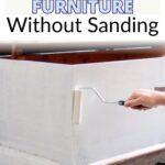 A hand uses a paint roller to paint white particle board furniture; text explains painting without sanding.
