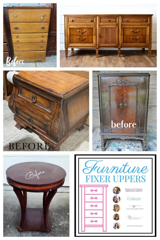 collage of 5 pieces of furniture before paint makeovers