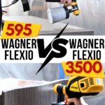 Two people using Wagner Flexio paint sprayers, comparing models 595 and 3500, with a bold VS graphic.
