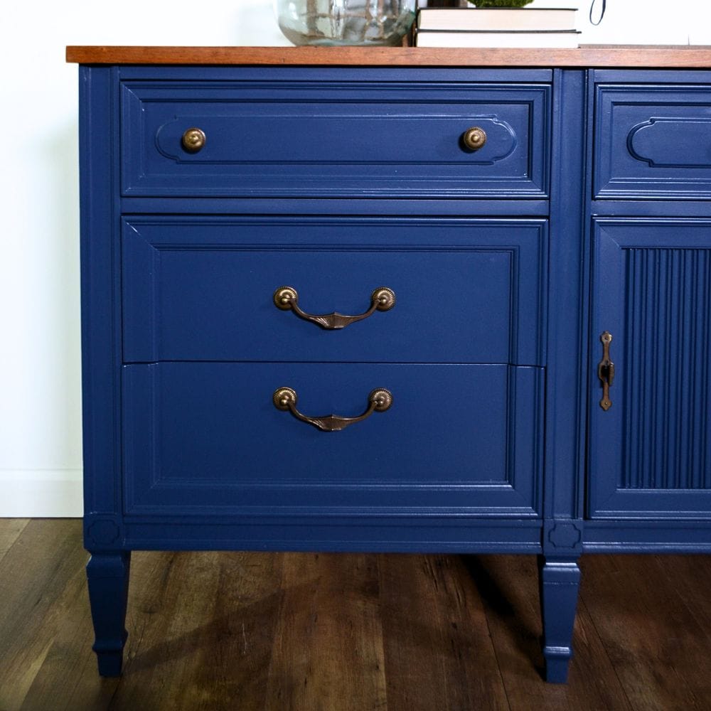 close-up view photo of blue dresser after the makeover