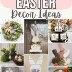 Collage of farmhouse-style Easter decorations, including bunnies, wreaths, eggs, and rustic signs.