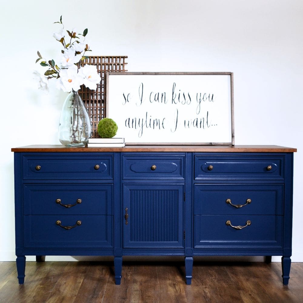 full view photo of blue dresser after the makeover