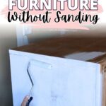 Hand painting white primer on a brown particle board dresser with a roller, text above reads painting tips.