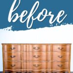 A vintage wooden dresser with nine drawers and ornate handles below a sign that says before.