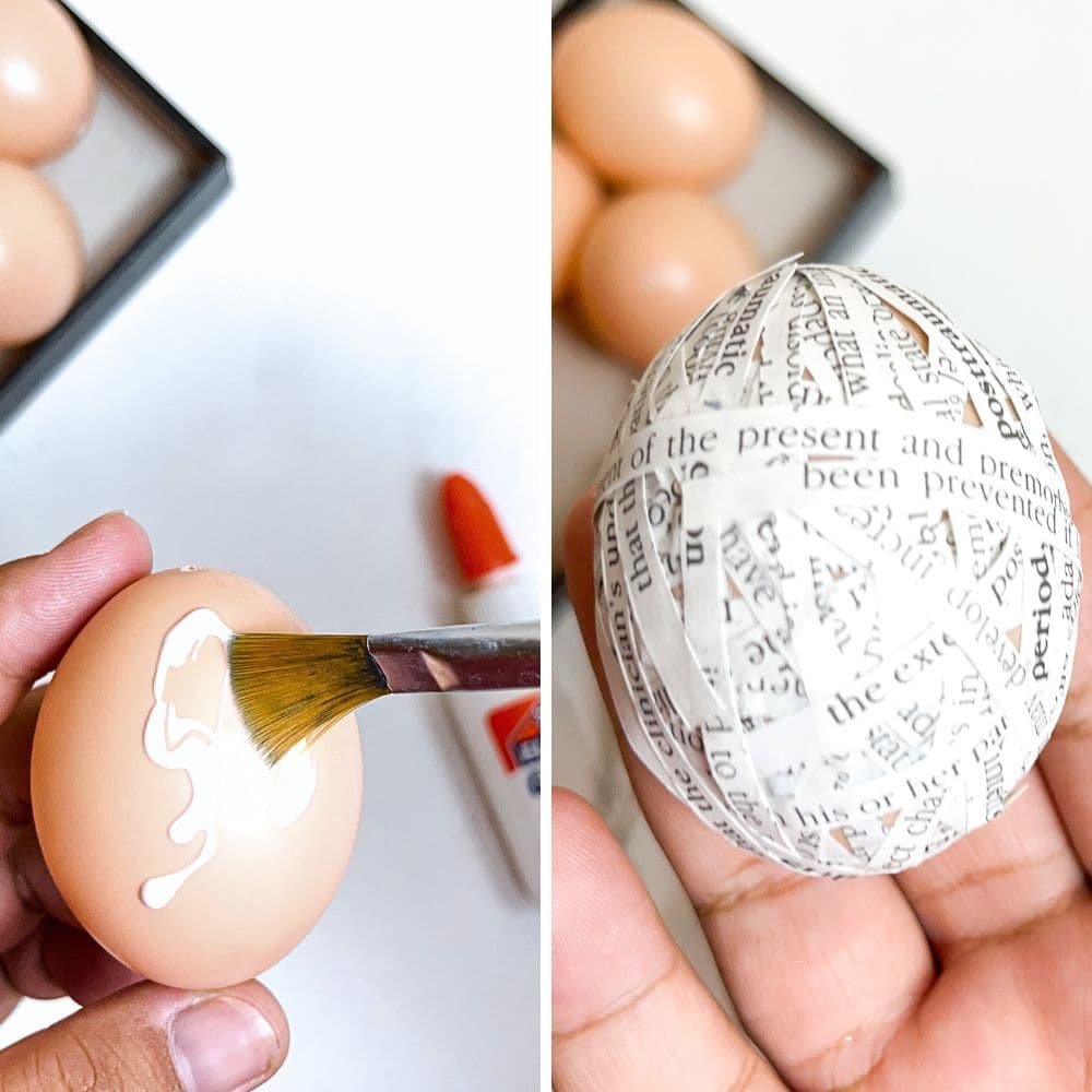 photo of sticking paper strips to eggs using glue