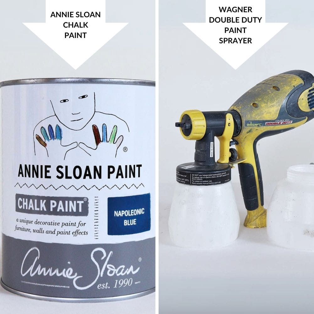 photo of annie sloan paint and wagner double duty paint sprayer to paint furniture
