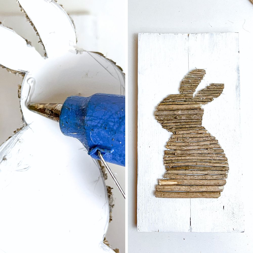 photo of gluing bunny onto wood plank