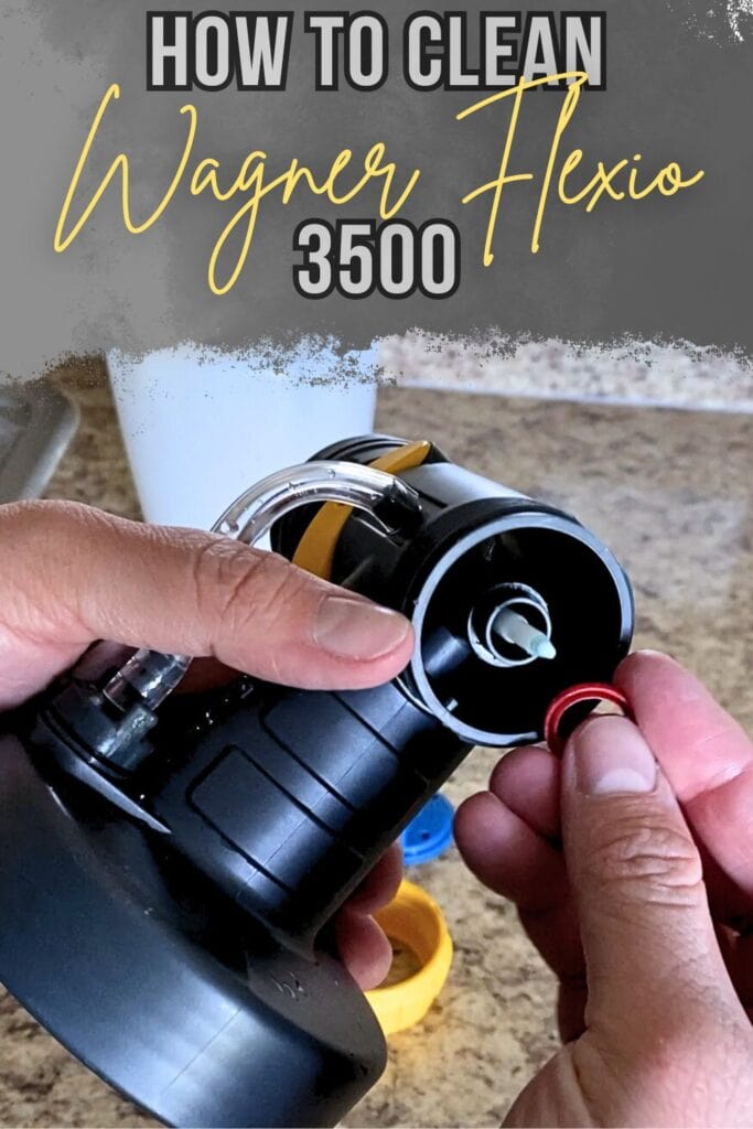 photo of cleaning wagner flexio paint sprayer with text overlay
