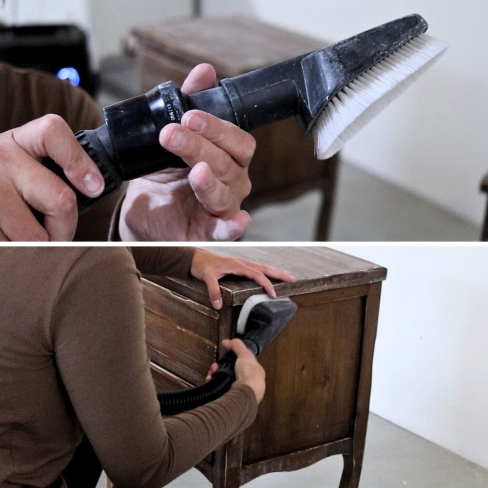 photo of using vacuum with brush attachment to clean sanded furniture