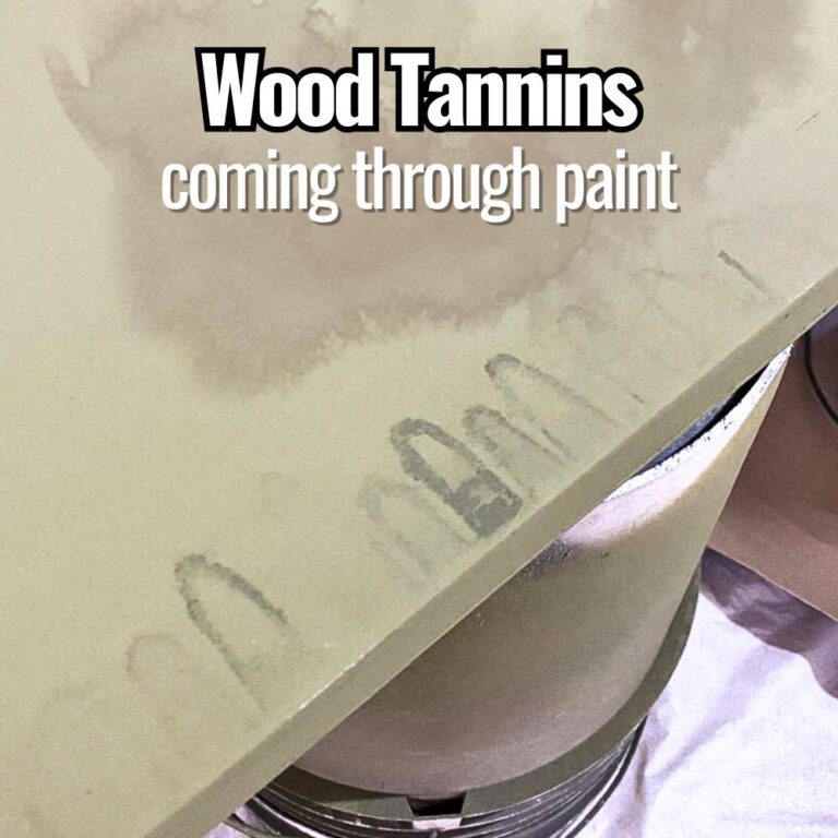 photo of wood tannins on a furniture after painting with text overlay