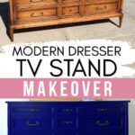 Wooden dresser before and after painting it in vibrant blue color
