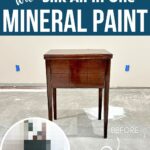 A dark wood sewing table stands against a beige wall; inset shows a blurred before image.