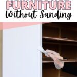 Hand painting white paint onto a particle board dresser drawer with text: How to Paint Particle Board Furniture Without Sanding.