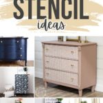 Collage of six dressers with various stencil designs, labeled “Dresser Stencil Ideas” at the top.