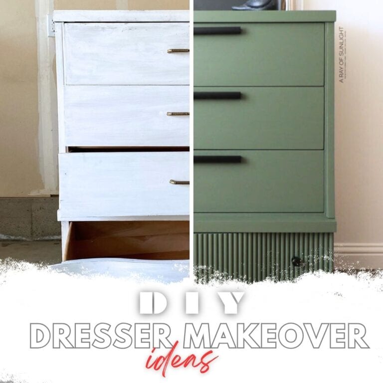 before and after photo of dresser with text overlay