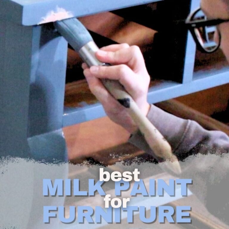 brushing on milk paint onto furniture with text overlay
