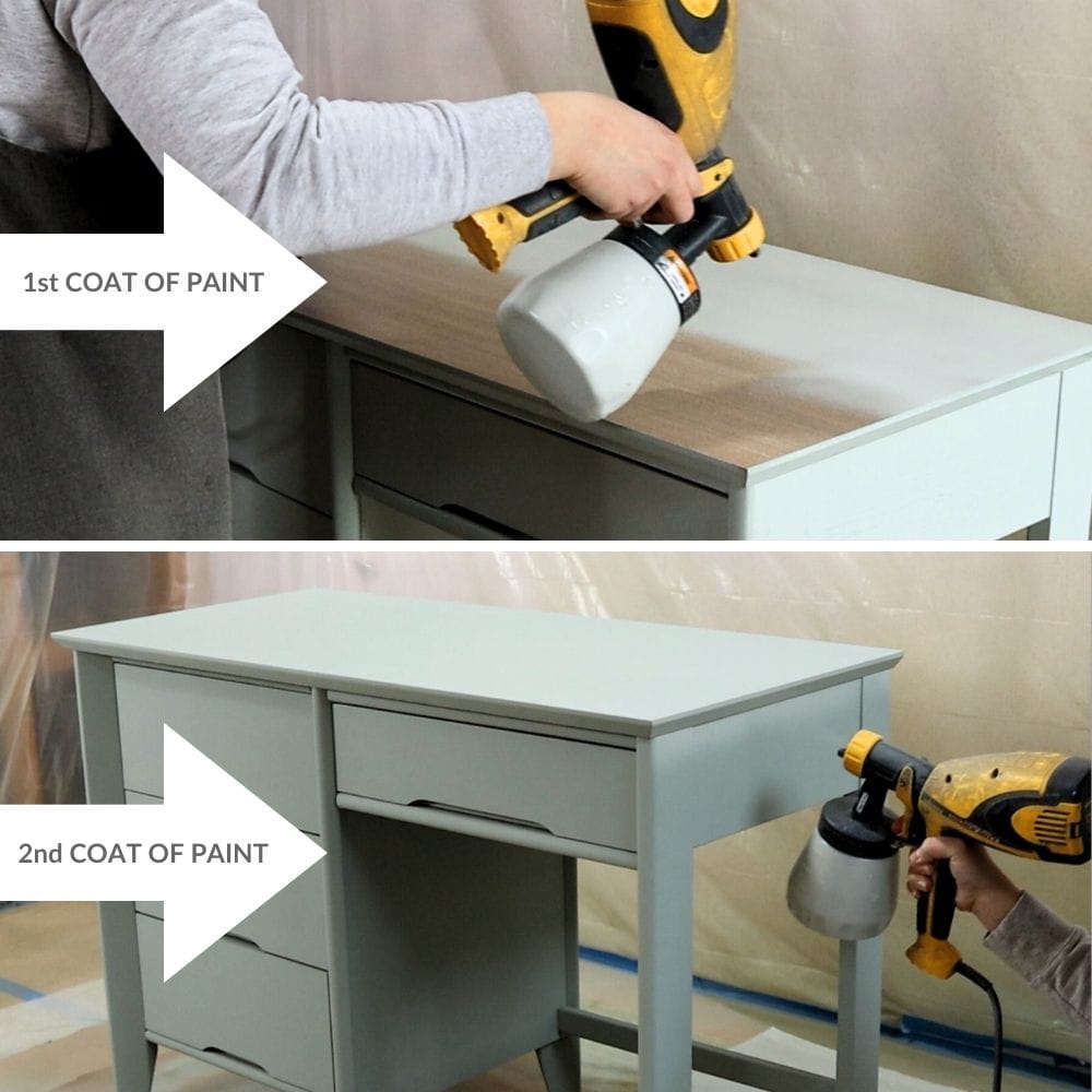 photo of painting laminate furniture using a paint sprayer