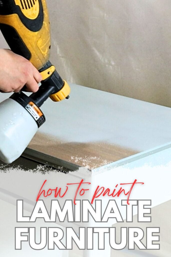 photo of painting laminate furniture with text overlay