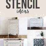 Collage of four dressers with various stencil designs and the text Dresser Stencil Ideas at the top.