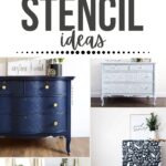 Collage of five dressers decorated with various stencils, showcasing creative dresser redesign ideas.