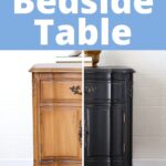 A bedside table half painted black, showing a before and after comparison.
