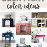 Collage of painted desks in various colors, including black, pink, gold, navy, white, and green, with decor.