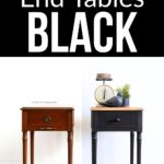 Two end tables side by side; one is brown wood (before), the other is painted black (after).