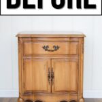 A small, vintage wooden cabinet with ornate handles, labeled BEFORE at the top.