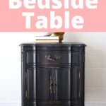 Black vintage bedside table with ornate details, books on top, and text: Painting a Bedside Table.