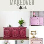Collage of six pink dressers, each with a unique makeover and decorative accents or plants on top.