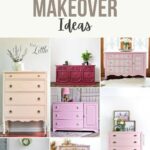 Collage of pink dresser makeover ideas showing various styles, shades, and decorative finishes.