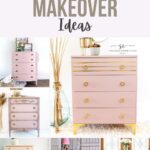 Collage of six pink dressers with various gold accents and creative designs, labeled “Pink Dresser Makeover Ideas.”.