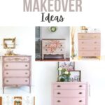 Collage of six pink dressers with various designs and decor; text reads Pink Dresser Makeover Ideas.