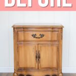 A vintage wooden cabinet with ornate handles under a large pink BEFORE label.