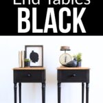 Two black end tables with wood tops