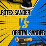 Rotex sander vs orbital sander on a blue and yellow comic-style background with bold text and images.