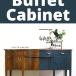 Split image of a buffet cabinet before and after painting; left side brown wood, right side teal blue.
