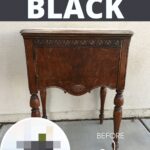 Old wooden table before being painted black, with before and blurred after labels shown.