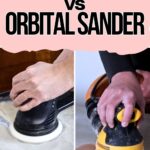 Split image: left shows a hand using a black rotex sander, right shows a hand using a yellow orbital sander.