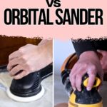 Two hands using a rotex sander and an orbital sander, shown side by side for comparison.