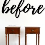 Two matching wooden side tables with drawers, labeled before on a white wall above them.